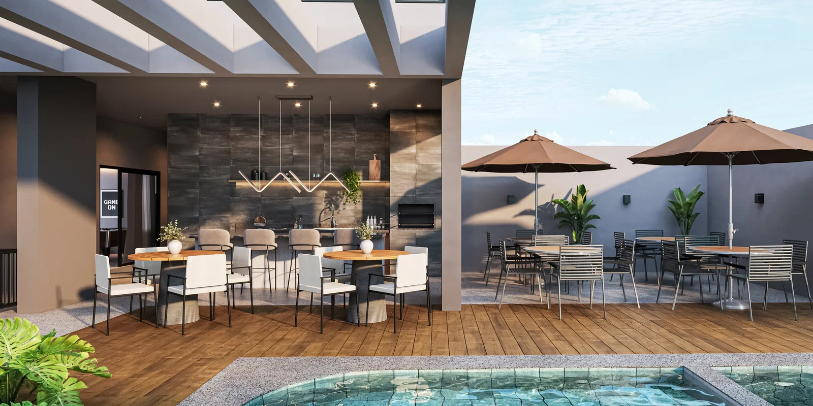 Área gourmet junto à piscina do The Link Residence