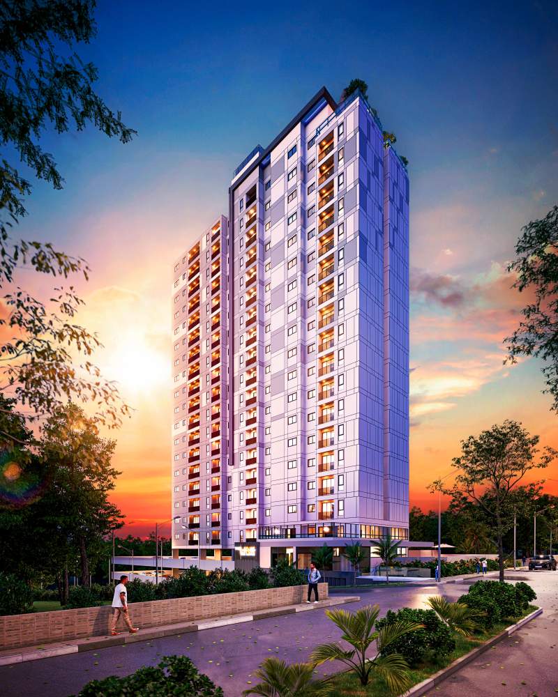 Perspectiva noturna da fachada do The Link Residence